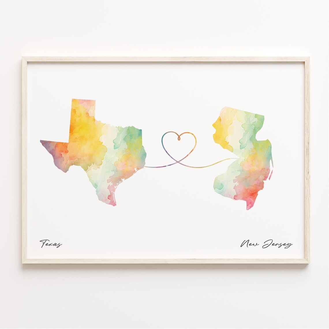 Texas to New Jersey Watercolor Heart Map Long Distance Love Print