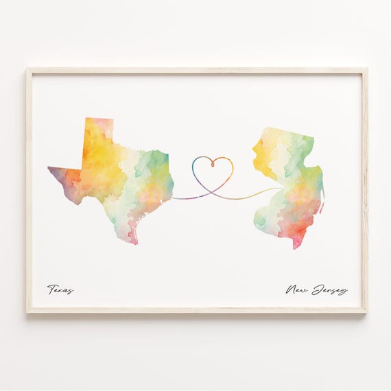 Texas To New Jersey Print Watercolor Map Poster Jerseyan Gift Travel Wall Art Farewell Journey C231278