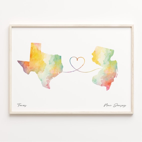 Texas to New Jersey Watercolor Heart Map Long Distance Love Print