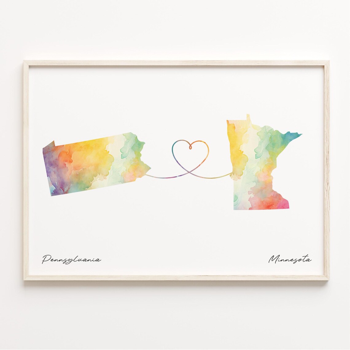 Pennsylvania to Minnesota Watercolor Map Heart Connection Art Poster