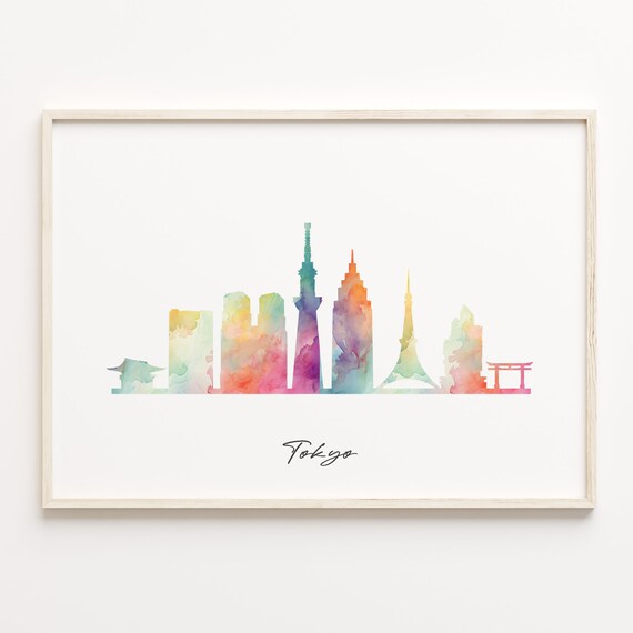 Tokyo Japan Watercolor Skyline Poster with Tower Silhouettes