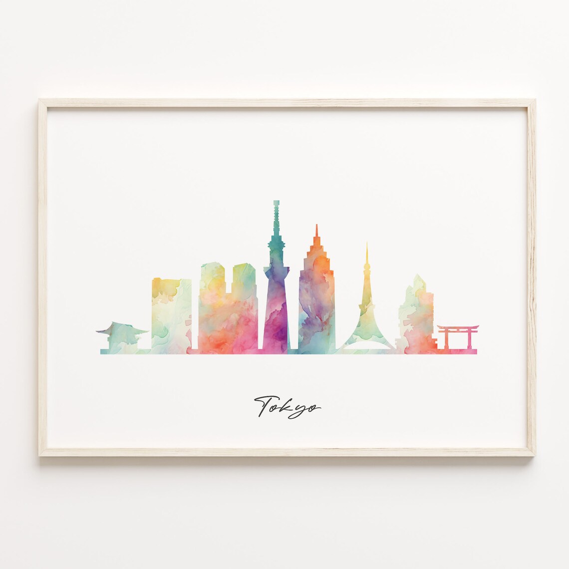 Tokyo Japan Watercolor Skyline Poster with Tower Silhouettes