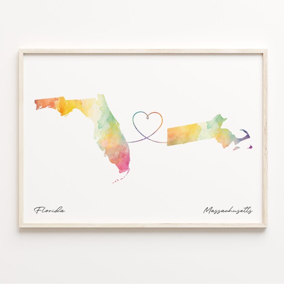 Florida to Massachusetts Watercolor Map Heart Connection Art Poster