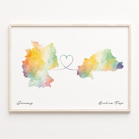 Germany to Burkina Faso Watercolor Map Heart Connection Poster