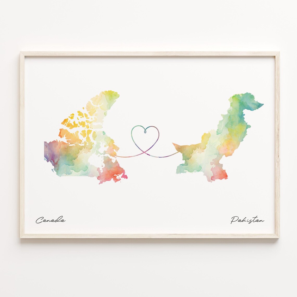 Canada to Pakistan Love Heart Watercolor Map Long Distance Poster