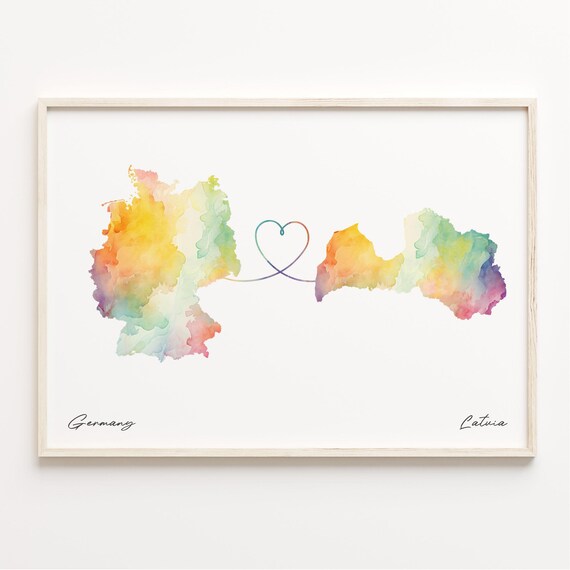 Germany To Latvia Watercolor Heart Map Love Connection Poster