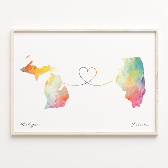 Michigan To Illinois Watercolor Heart Map Long Distance Love Poster