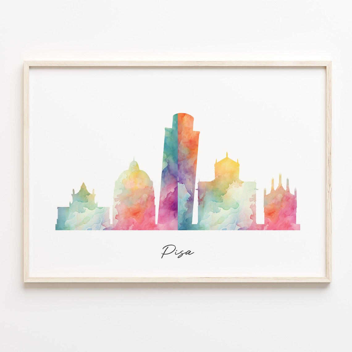 Historic Pisa Italy Leaning Tower Rainbow Watercolor Skyline Poster