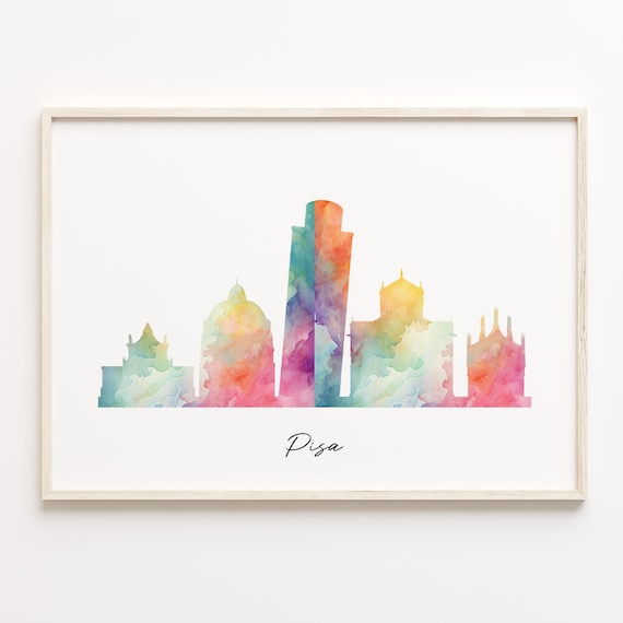 Historic Pisa Italy Leaning Tower Rainbow Watercolor Skyline Poster