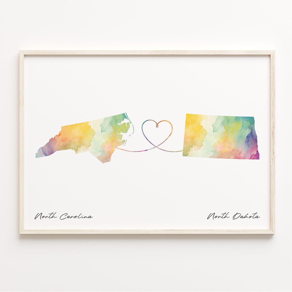 North Carolina To North Dakota Watercolor Map Heart Connection Poster
