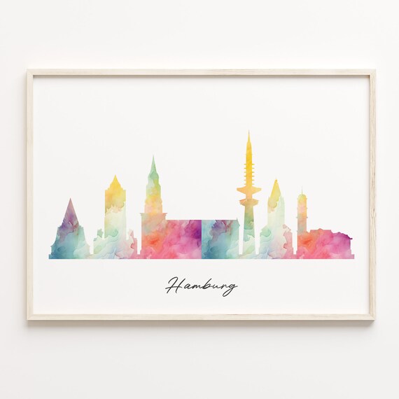 Hamburg Germany Colorful Watercolor Skyline Cityscape Art Poster