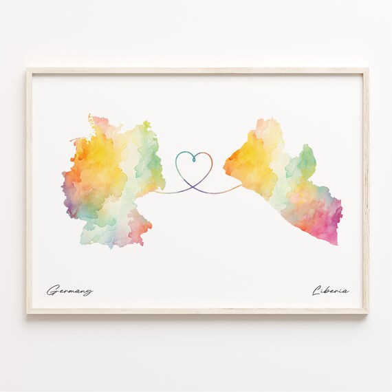 Germany To Liberia Watercolor Map Linked By A Heart Line Poster