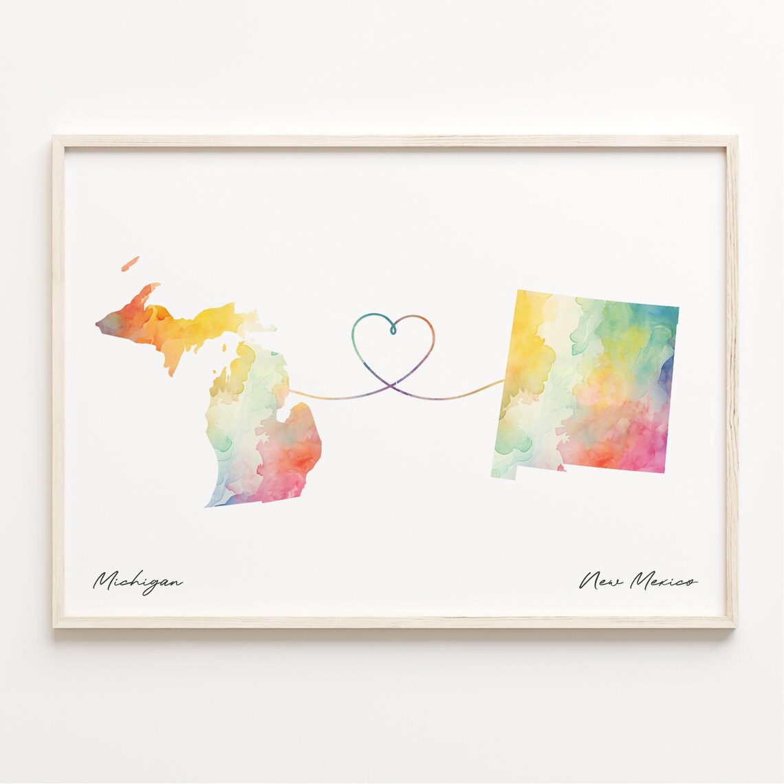 Michigan New Mexico Watercolor Heart Map Long Distance Love Print