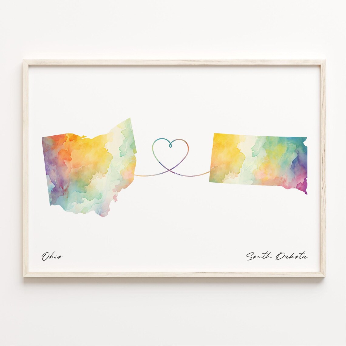 Ohio To South Dakota Watercolor Map Heart Connection Long Distance Love Print