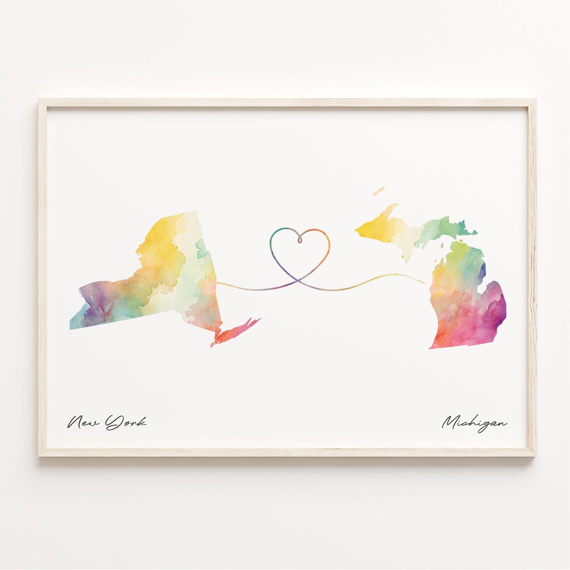 New York to Michigan Long Distance Love Heart States Map Poster