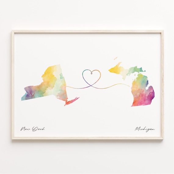 New York to Michigan Long Distance Love Heart States Map Poster