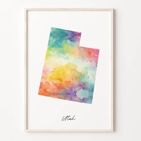Utah Watercolor State Map Minimalist Rainbow Travel Art Poster
