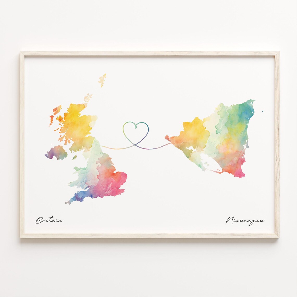 Britain To Nicaragua Watercolor Heart Connection Map Decor Art Poster