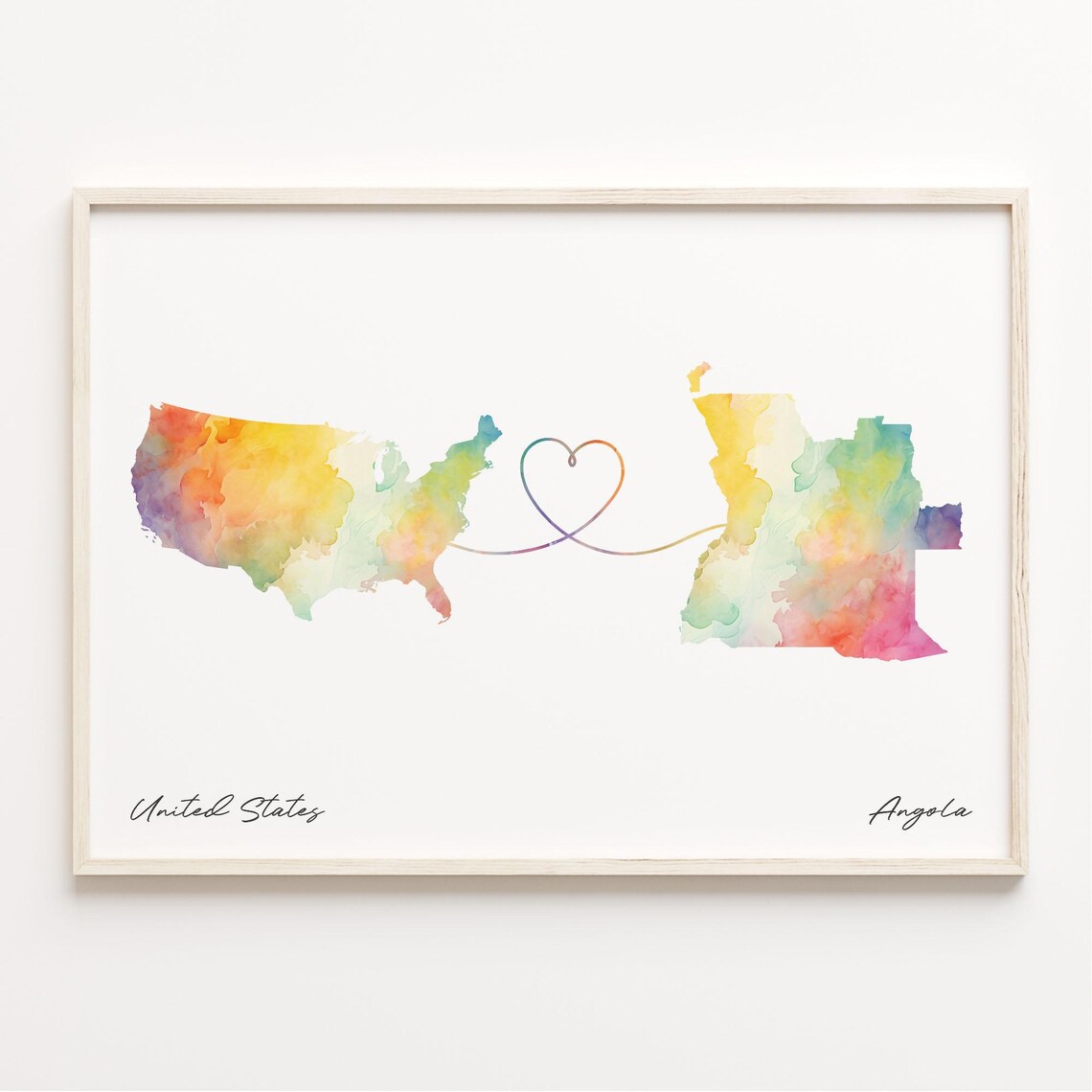 United States To Angola Watercolor Heart Map Long Distance Love Poster
