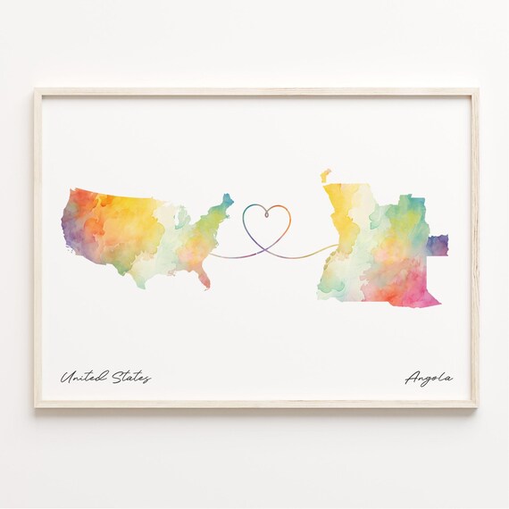 United States To Angola Watercolor Heart Map Long Distance Love Poster