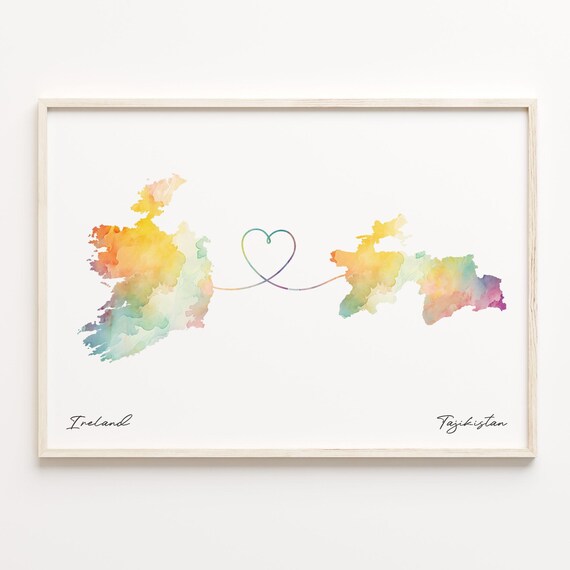 Ireland To Tajikistan Watercolor Map Heart Connection Travel Poster