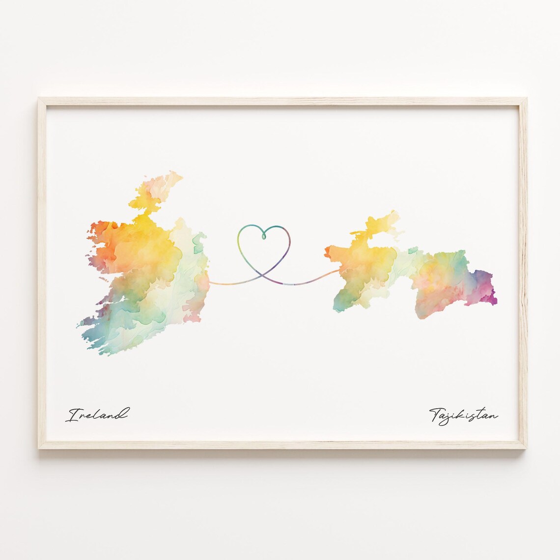 Ireland To Tajikistan Watercolor Map Heart Connection Travel Poster