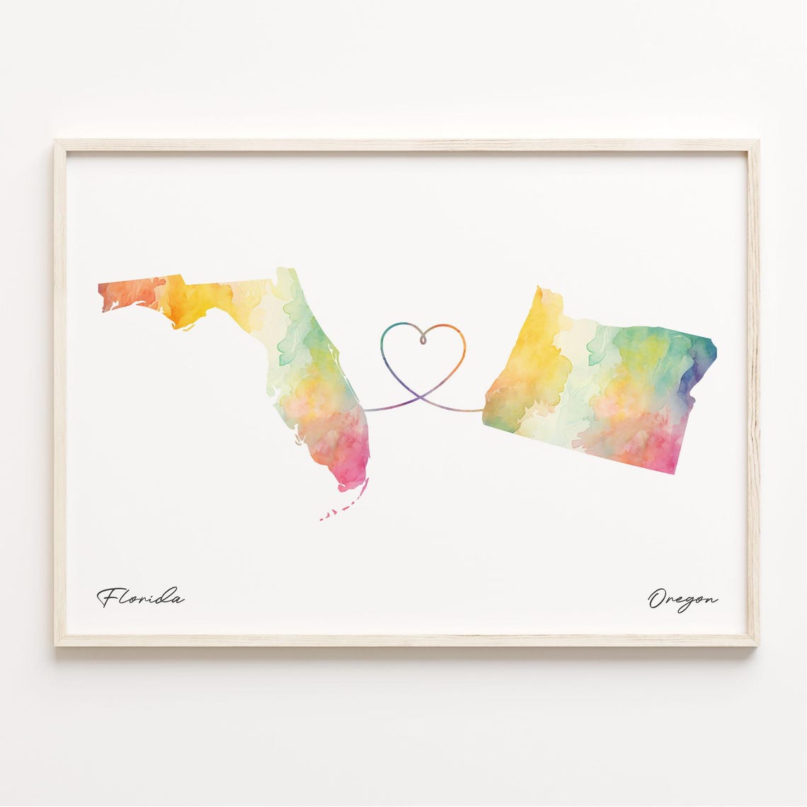 Florida To Oregon Watercolor Map Heart Long Distance Connection Poster