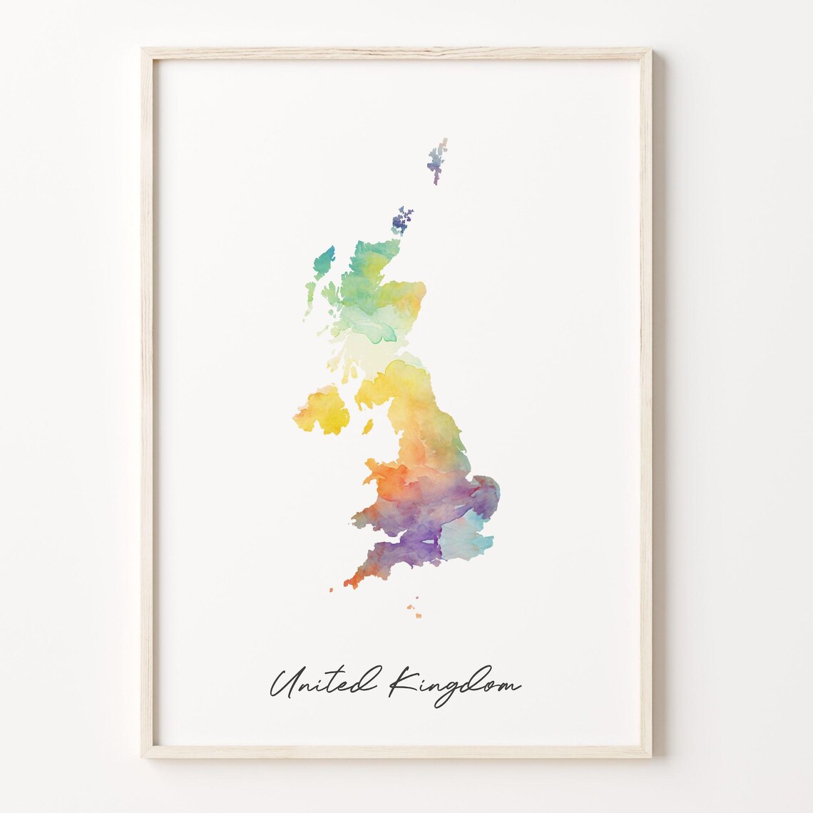 United Kingdom Watercolor Country Map Poster in Vibrant Rainbow Pastel Hues