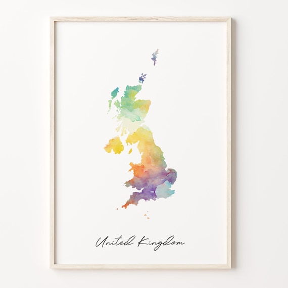 United Kingdom Watercolor Country Map Poster in Vibrant Rainbow Pastel Hues