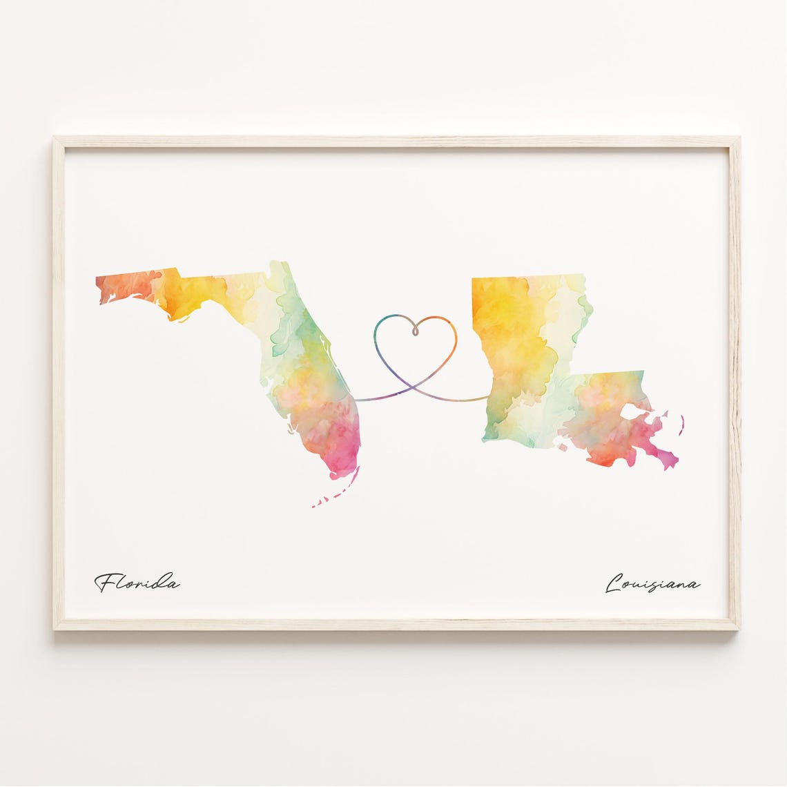 Florida Louisiana Watercolor State Map Heart Connection Poster