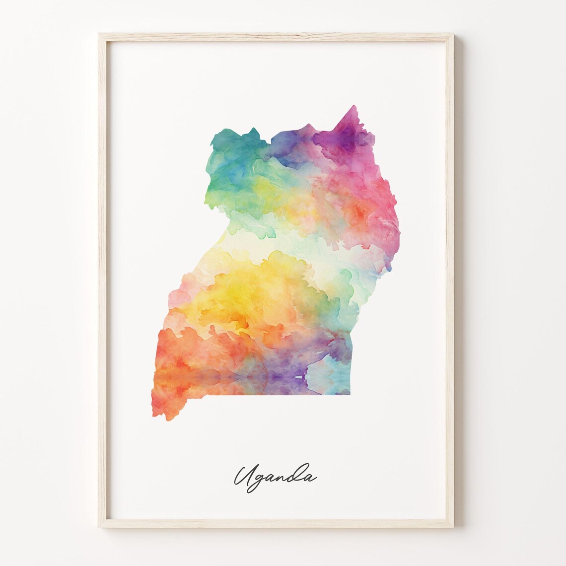 Uganda Watercolor Country Map Poster in Vibrant Rainbow Pastel Hues