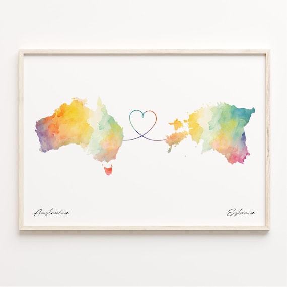 Australia to Estonia Long Distance Watercolor Heart Map Art Print