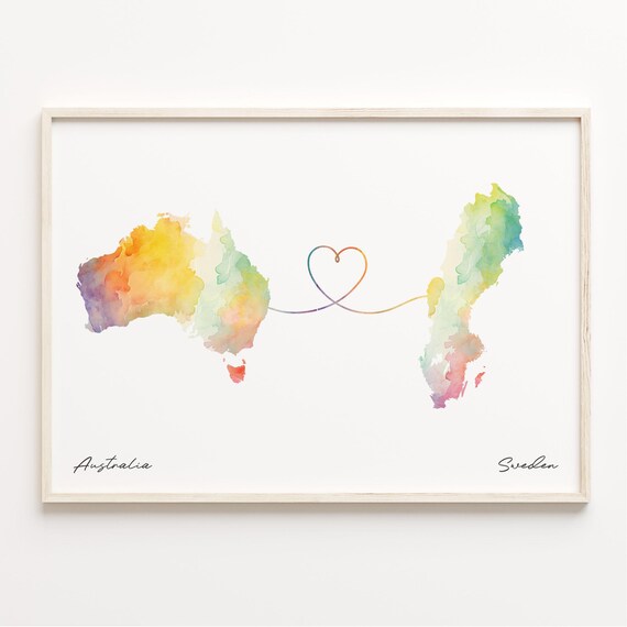 Australia and Sweden Watercolor Heart Map Long Distance Print