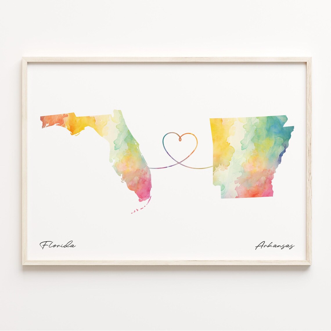 Florida to Arkansas Heart Watercolor Map Long Distance Gift Poster