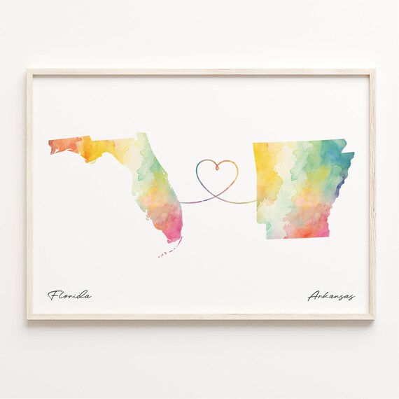 Florida to Arkansas Heart Watercolor Map Long Distance Gift Poster
