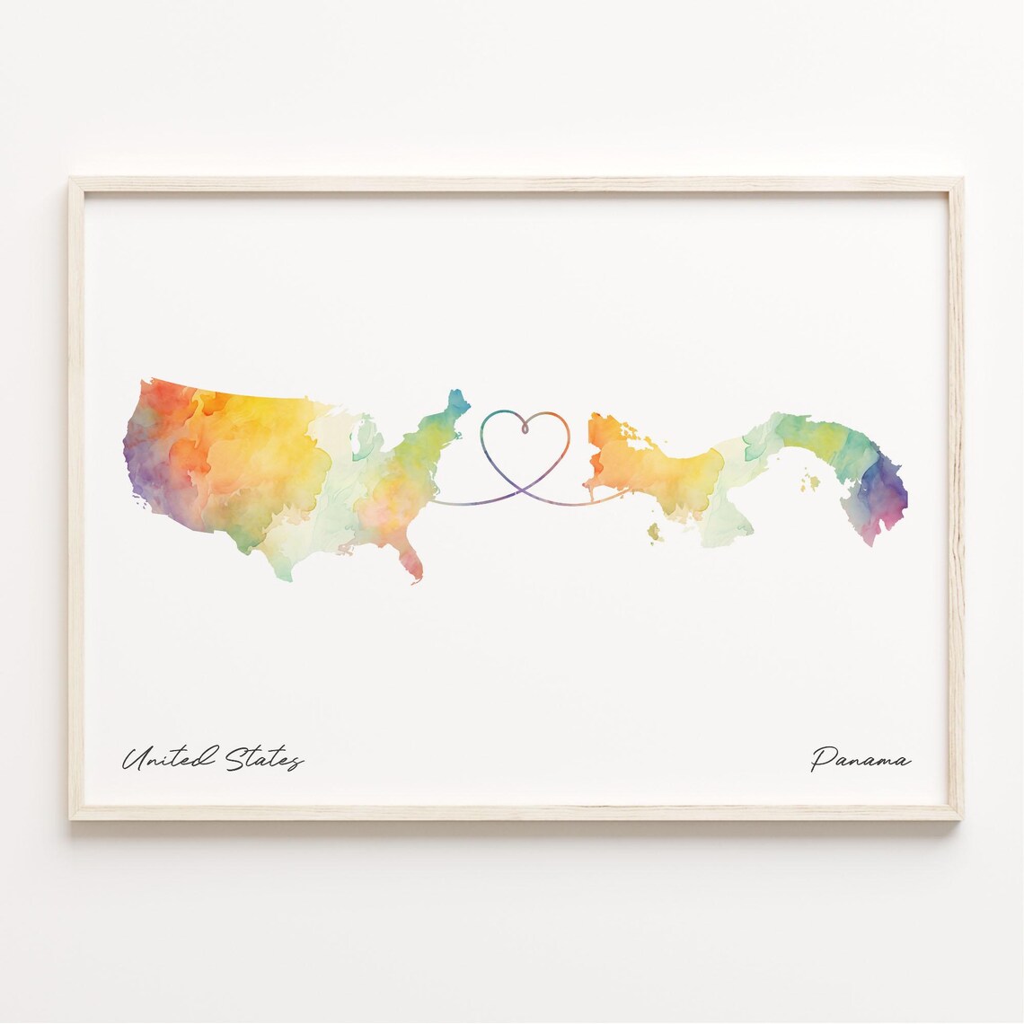 United States To Panama Watercolor Heart Map Long Distance Love Poster