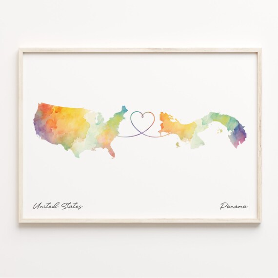United States To Panama Watercolor Heart Map Long Distance Love Poster