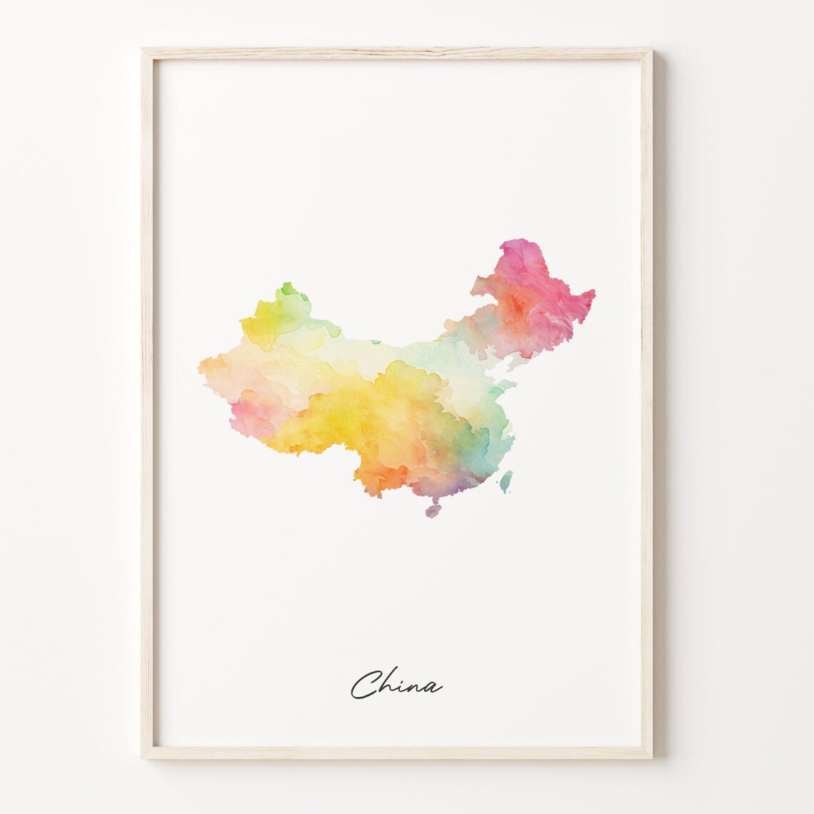 China Watercolor Country Map Vibrant Rainbow Wash Art Poster