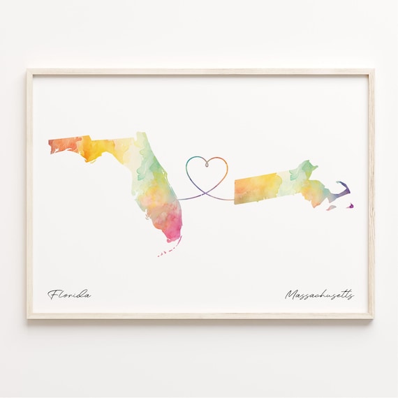 Florida Massachusetts Watercolor Map Heart Long Distance Gift Poster