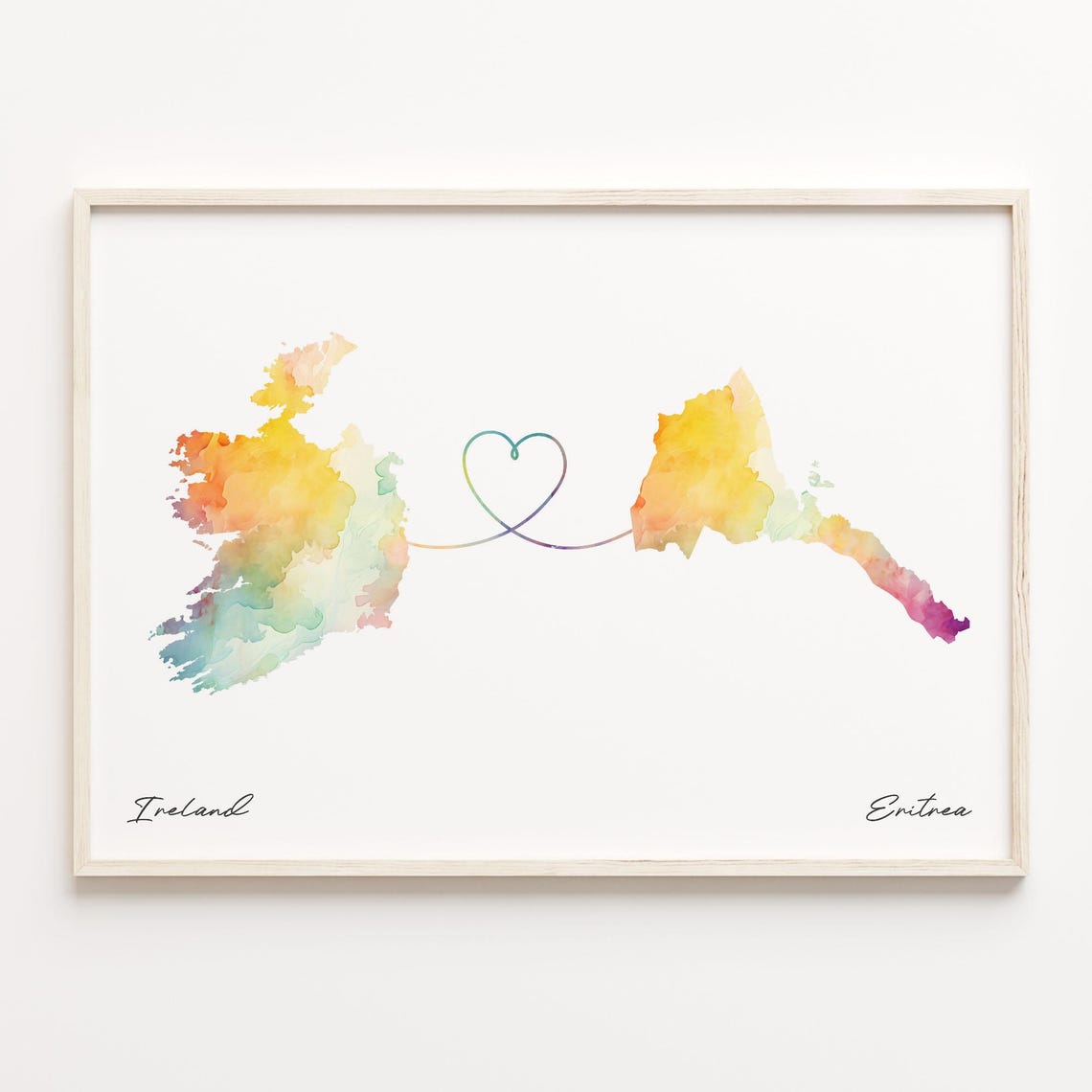 Ireland To Eritrea Watercolor Heart Map Long Distance Love Poster