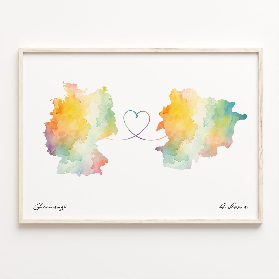 Germany to Andorra Watercolor Heart Map Long Distance Connection Poster