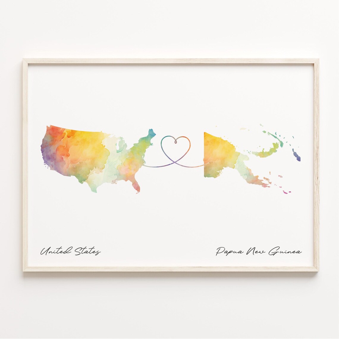 United States To Papua New Guinea Watercolor Heart Map Poster