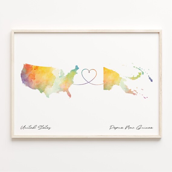 United States To Papua New Guinea Watercolor Heart Map Poster