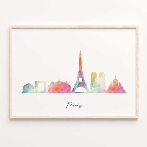 Paris Eiffel Tower Watercolor Skyline Poster Rainbow Cityscape