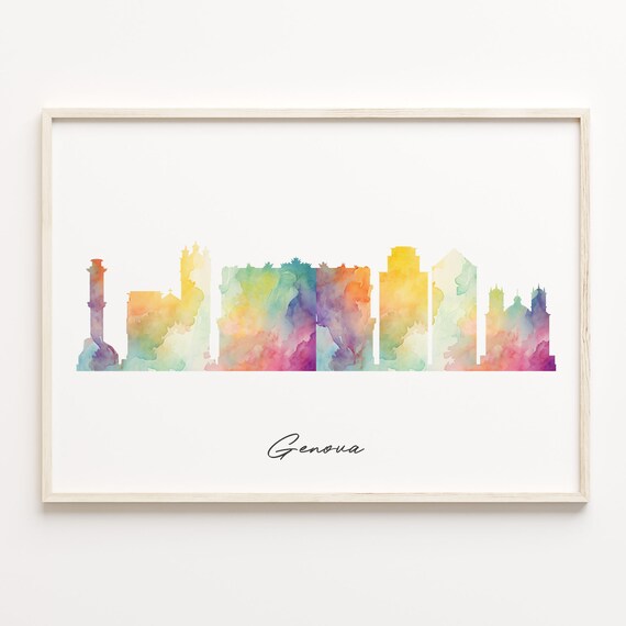 Genova Italy Colorful Watercolor Skyline Cityscape Travel Poster