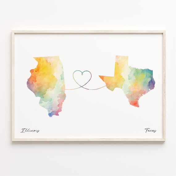 Illinois To Texas Watercolor Map With Heart Love Line Poster