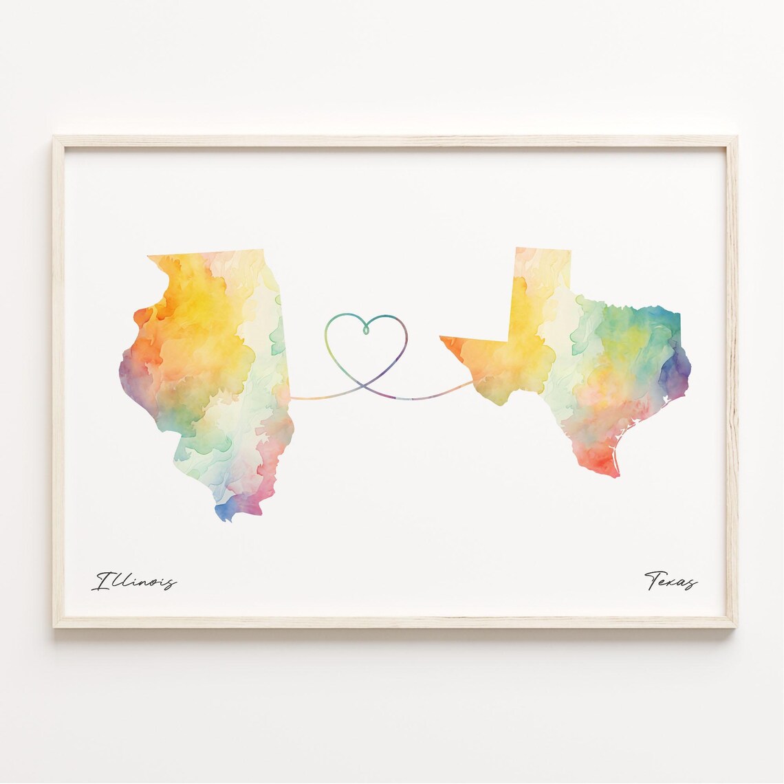 Illinois To Texas Watercolor Map With Heart Love Line Poster