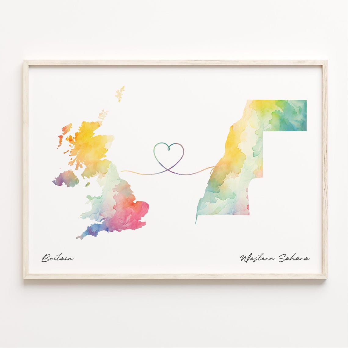 Britain To Western Sahara Watercolor Map Heart Long Distance Poster