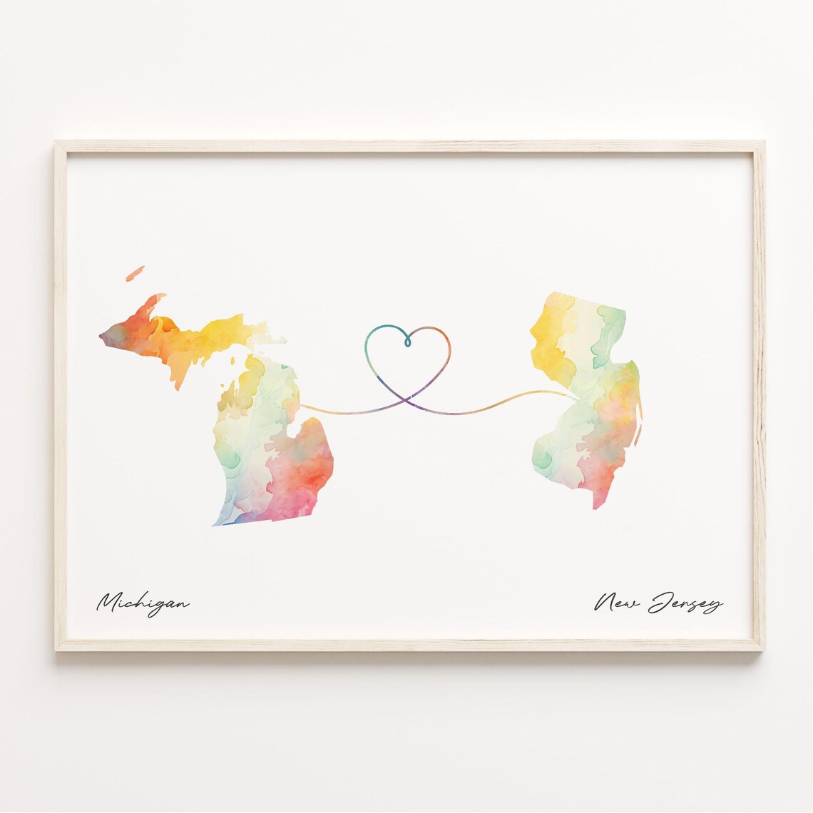 Michigan To New Jersey Watercolor Heart Map Long Distance Love Poster