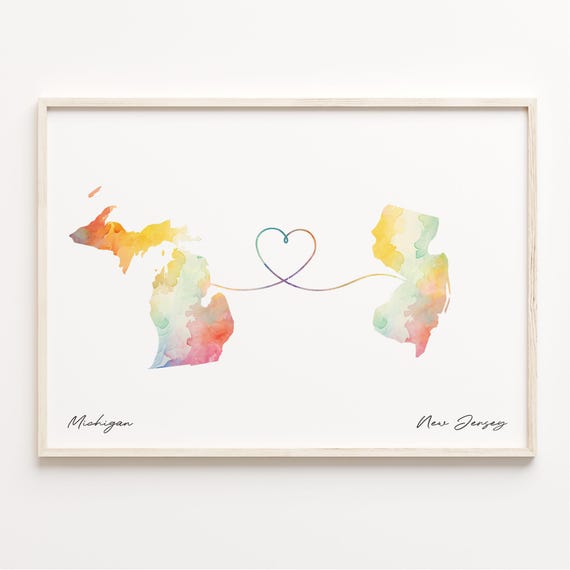 Michigan To New Jersey Print Watercolor Map Poster Jerseyan Gift Travel Wall Art C231694